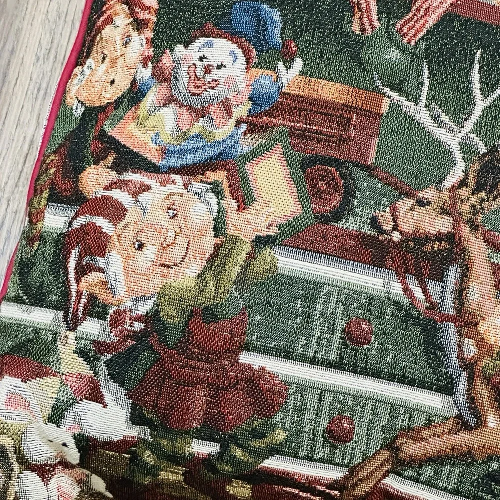 Vintage Christmas Tapestry Throw Pillow Santa Workshop Toys Elves 15